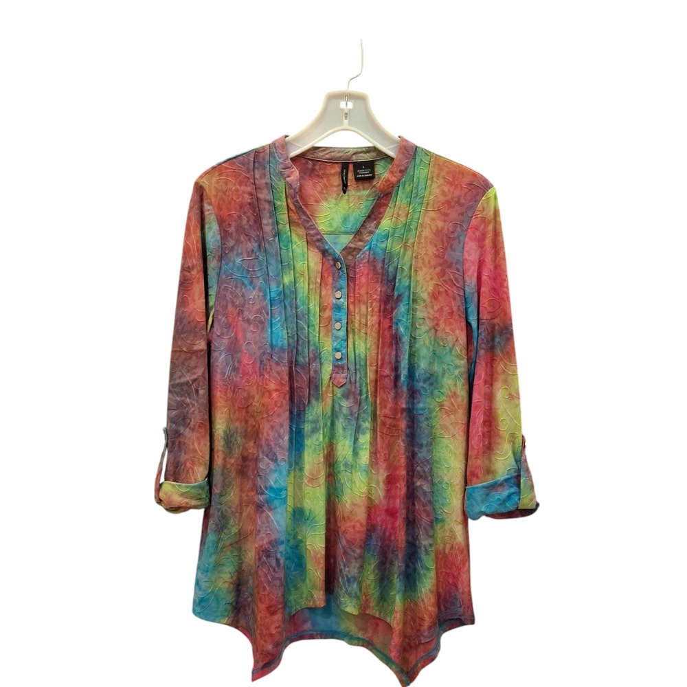 New Directions Colorful Tie-Dye Henley Women's Top.